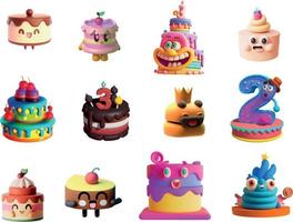 Cute Cake 3D illustrations with various and unique cartoonish design vector