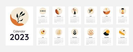 Calendar template for 2023. Vertical design with abstract natural boho landscapes. Editable illustration page template A4, A3, set of 12 months with cover. Vector mesh. Week starts on Monday.