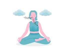 aislado de una mujer meditando y respirando ejercicio vector ilustración en estilo plano.