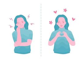 Two emotionally opposite woman portraits. sad and happy woman, flat vector illustration.