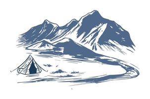 Camping in nature, mountains, hand drawn illustrations vector