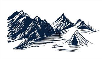 Camping in nature, mountains, hand drawn illustrations vector