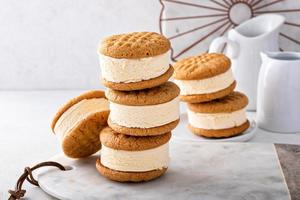 Ice cream and cookies sandwiches stacked on the table photo