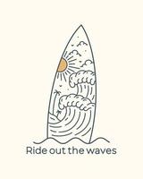 The waves and beach view in surfboard frame in mono line design for badge, sticker, patch, t shirt design vector