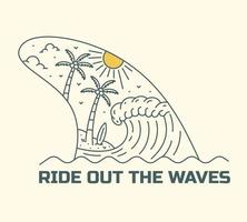 Ride out the waves and enjoy the summertime in mono line for badge, sticker, patch, t shirt design vector