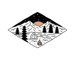 Nature camping under the stars in mono line vector design for badge, sticker, patch, t shirt vector design