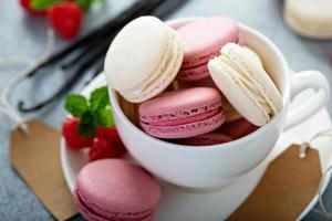 Vanilla and raspberry macarons in a teacup photo
