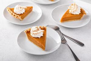 Slices of traditional pumpkin pie in a light and bright setting photo