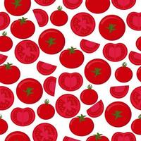 Seamless pattern of red tomatoes, whole and halves of bright tomato on a white background vector