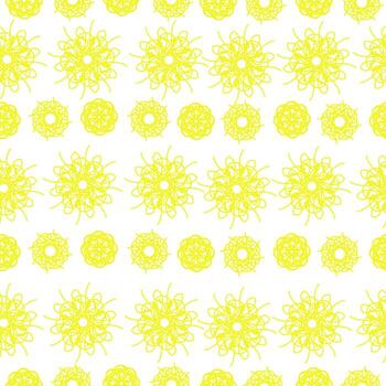patrón impecable de mandalas ornamentados en amarillo sobre un fondo blanco, filas horizontales de rizos grandes y pequeños para el diseño vector