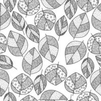 Doodle leaf seamless pattern with ornate curls and lines, contour fantasy leaves on a white background vector