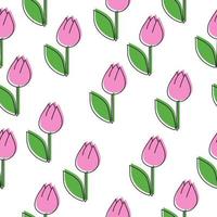 Seamless pattern of pink doodle tulips, delicate flowers with green leaves on a white background vector