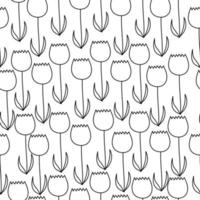 Outline doodle seamless pattern of tulip flowers with thin leaves on a white background vector