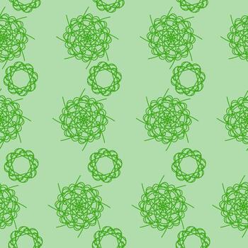 Seamless pattern of ornate mandalas in green on a light green background, ornate curls in vertical rows for design vector