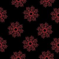 Seamless pattern of ornate mandalas in red on a black background, abstract round curls for design vector