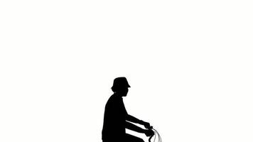 silhuett människor rida på vit bakgrund. silhuett svart människor rida en cykel vit skärm. design för animation, människor stående, isolera, person, mänsklig, silhuett kropp, cykel. video