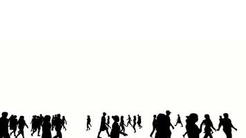 silhuett människor promenad på vit bakgrund. silhuett svart människor gående kommunicera vit skärm. design för animation, människor stående, isolera, tala, person, mänsklig, silhuett kropp. video