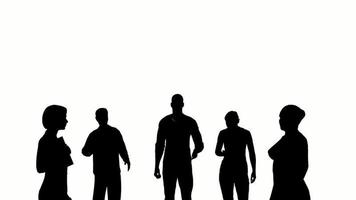 silhouette persone parlare su bianca sfondo. silhouette uomo nero persone parlando comunicare bianca schermo. design per animazione, persone in piedi, isolato, parlare, persona, umano, silhouette corpo. video