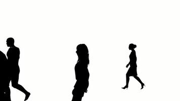 la gente de silueta camina sobre fondo blanco. la silueta de la gente negra caminando se comunica con la pantalla blanca. diseño para animación, personas de pie, aislar, hablar, persona, humano, cuerpo de silueta. video