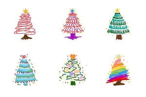 Xmas tree set coloring various lagom firs with hatching scribble style. Hand-drawn Christmas trees with toys. ink element for cards, stamps, banners and your creativity