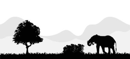 The elephant in nature vector illustration, tree landscape. Forest, wild animal silhouette. African landscape.