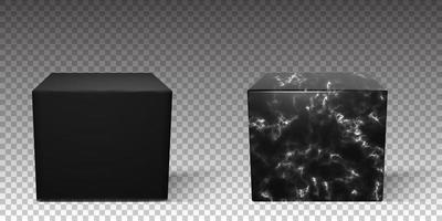 Black marble 3d render cube podium in vector. Blank realistic luxury surface for mockup template. Vector texture pedestal