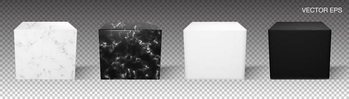 Vector blank marble stand for product advertising. Set of black and white realistic  cube with stone texture. Transparent background podium for museum or gallery showcase