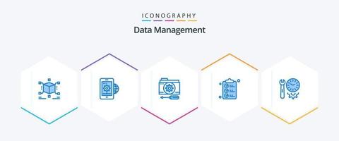 gestión de datos 25 paquete de iconos azules que incluye marca. documento. ajuste. Lista de Verificación. ajuste vector