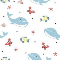 Cute cartoon undersea world. Deep Ocean or sea with fish, crab, whales, stars and sea stars. Vector seamless pattern