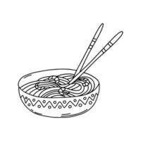 Rice noodles with shrimps and vegetables in cute ceramic bowl in hand drawn doodle style. Vector illustration.