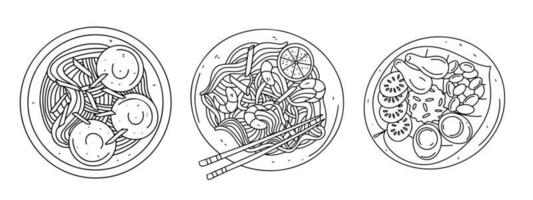 Set of rice noodles with shrimps and vegetables in hand drawn doodle style. Top view. vector