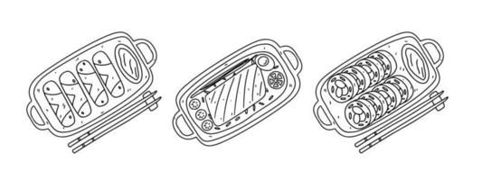 Set of tradition asian food on ceramic plates with chopsticks in hand drawn doodle style. Top view. Vector illustration.