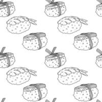 Sushi set seamless pattern. Vector illustration isolated on a white background. Asian food.