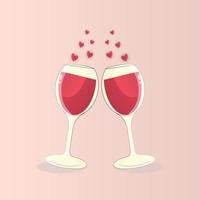 Two glasses of wine with hearts. Celebration of the festive event. Valentines day. vector