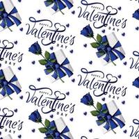 Seamless pattern with blue roses, leafs, gift box, hearts. Happy Valentine's Day, Romance, Love concept. Perfect for product design, scrapbooking, textile, wrapping paper. vector
