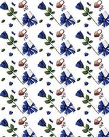 Seamless pattern with blue roses, leafs, gift box. Happy Valentine's Day, Romance, Love concept. Perfect for product design, scrapbooking, textile, wrapping paper. vector