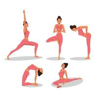 Vector graphics set of poses of yoga girl in asana camel tree voyin pigeon in pink suit