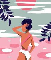 Vector graphics illustration design a girl without a face in a bikini swimsuit in nature on vacation swims in a lake or sea bright illustration pink green
