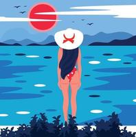 Vector graphics illustration design girl without a face in a bikini in nature on vacation bright illustration red blue