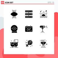 Group of 9 Solid Glyphs Signs and Symbols for flower security network webcam beach Editable Vector Design Elements