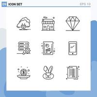 Pack of 9 Modern Outlines Signs and Symbols for Web Print Media such as financial performance setting estate server database Editable Vector Design Elements