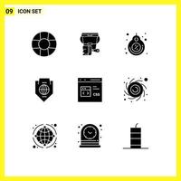 Group of 9 Solid Glyphs Signs and Symbols for coding shield price globe world Editable Vector Design Elements