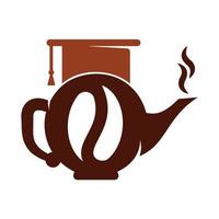 plantilla de icono de diseño de logotipo de hervidor de escuela de café. vector de diseño de cafetera con gorro de graduación.