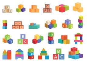 Children building blocks icons set cartoon vector. Wooden toy vector