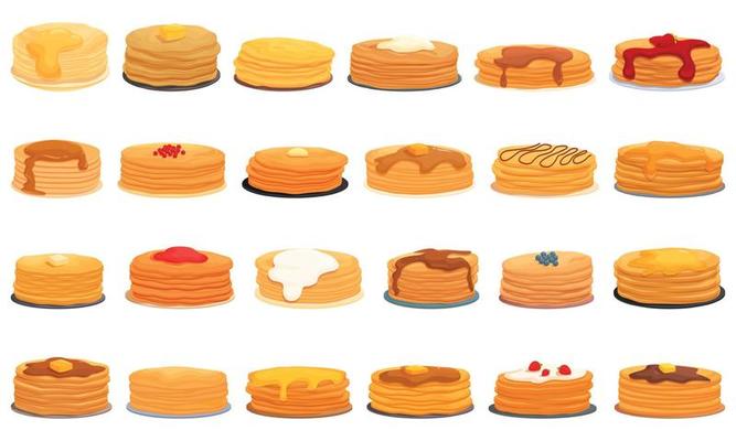 Pancake week icons set cartoon vector. Food butter