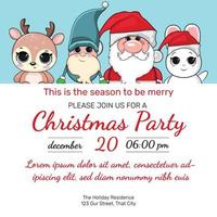 Christmas Party invitation template. Winter holiday illustration with a gingerbread man, an elf, a Santa Claus, a snowman and a little deer on a background of a snowfall. Vector 10 EPS.