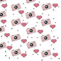 Valentine's day seamless pattern with hand-drawn hearts and cameras vector