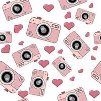 Valentine's day seamless pattern with hand-drawn hearts and cameras vector