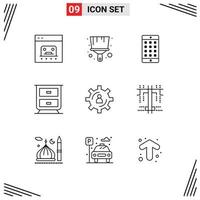 Pack of 9 creative Outlines of production gear application development drawer Editable Vector Design Elements