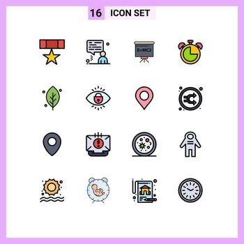 Pack of 16 Modern Flat Color Filled Lines Signs and Symbols for Web Print Media such as leaf timer classroom education alarm Editable Creative Vector Design Elements